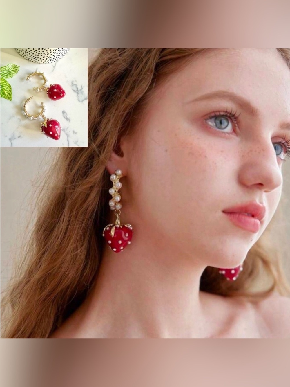 2/$30🌵 Enameled Strawberry Faux Pearl Gold Hoop Earrings Kawaii Jewelry NEW
